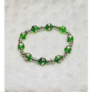 Vintage Green Glass Beaded Stretch Bracelet w/ Silver Wide Cone Spacers